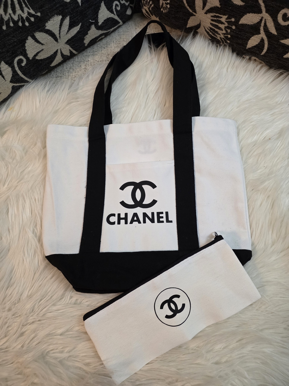 White & Black Canvas Small Tote Bag with Matching Pouch